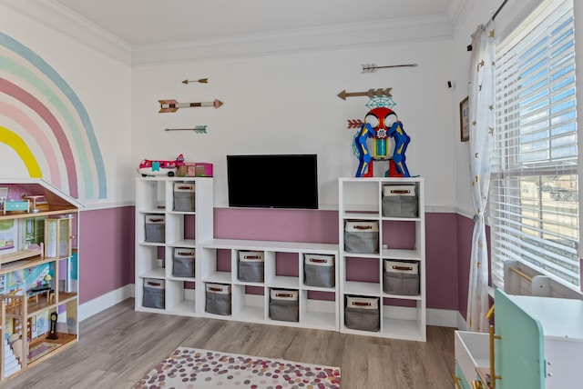 rec room with ornamental molding and light hardwood / wood-style flooring