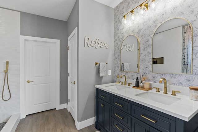 bathroom with vanity and wood-type flooring