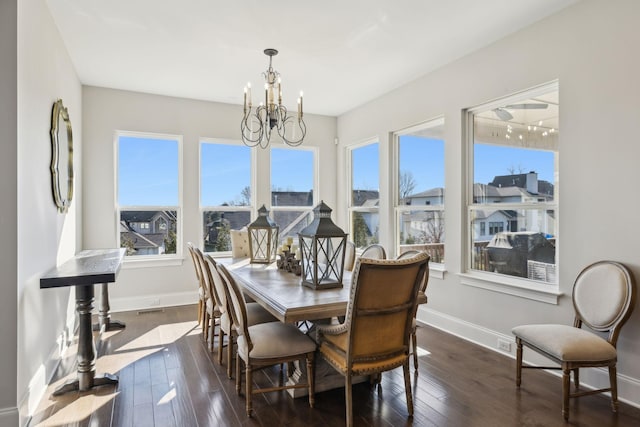 dining area featuring dark hardwood / wood-style flooring, plenty of natural light, and a chandelier