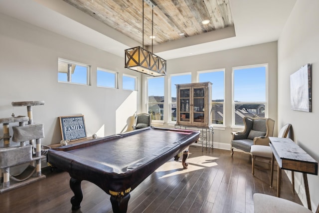 recreation room with wood ceiling, billiards, dark hardwood / wood-style flooring, and a raised ceiling