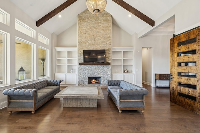 living room with beamed ceiling, a stone fireplace, dark hardwood / wood-style flooring, and high vaulted ceiling