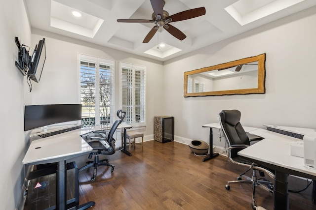 office space with beamed ceiling, ceiling fan, coffered ceiling, and dark hardwood / wood-style flooring