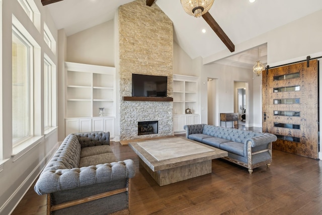 living room with a fireplace, high vaulted ceiling, dark hardwood / wood-style floors, beamed ceiling, and a barn door