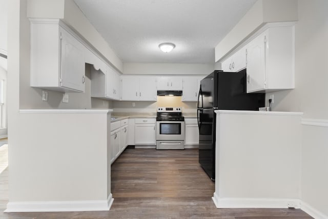 kitchen with white cabinetry, stainless steel range with electric stovetop, black fridge, a textured ceiling, and dark hardwood / wood-style floors