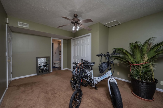 workout area with ceiling fan, carpet floors, and a textured ceiling