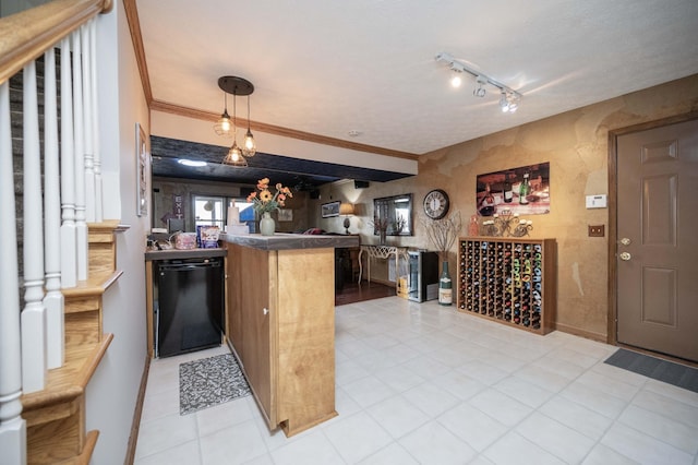 bar with light tile patterned floors, crown molding, decorative light fixtures, and black dishwasher