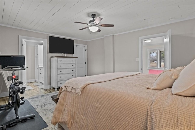 bedroom with ceiling fan, crown molding, light hardwood / wood-style floors, and wooden ceiling