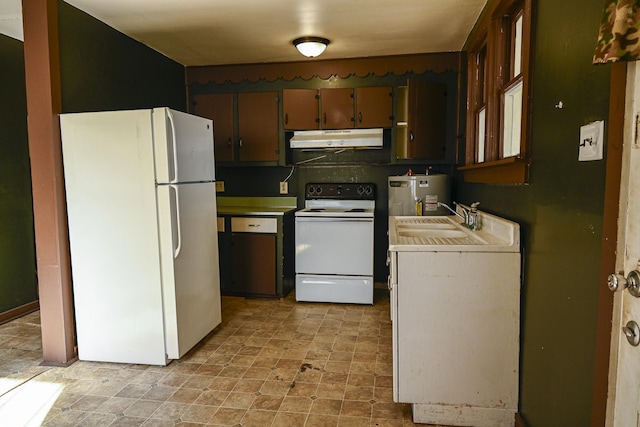 kitchen with water heater, sink, and white appliances