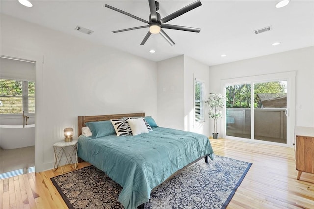 bedroom featuring access to outside, ceiling fan, and light hardwood / wood-style flooring