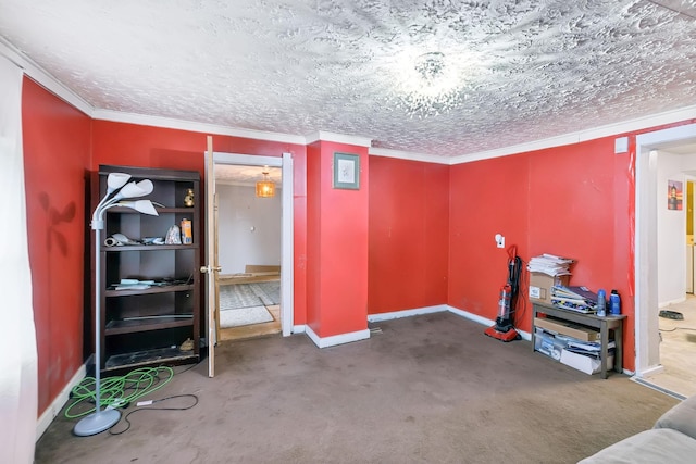 interior space featuring ornamental molding, carpet floors, and a textured ceiling