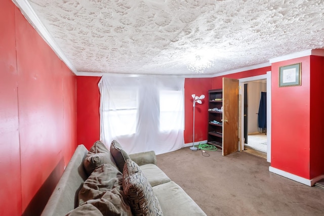 living room with ornamental molding and carpet floors