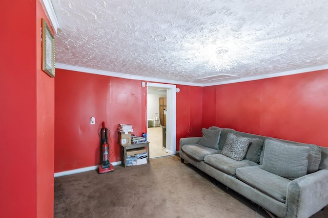 living room featuring carpet floors and a textured ceiling