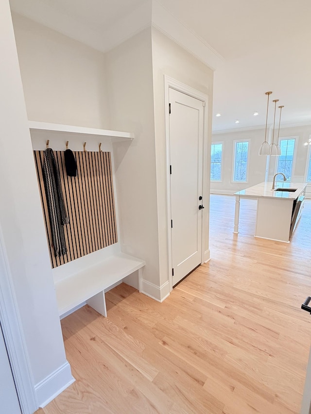 mudroom featuring sink, ornamental molding, and light hardwood / wood-style floors