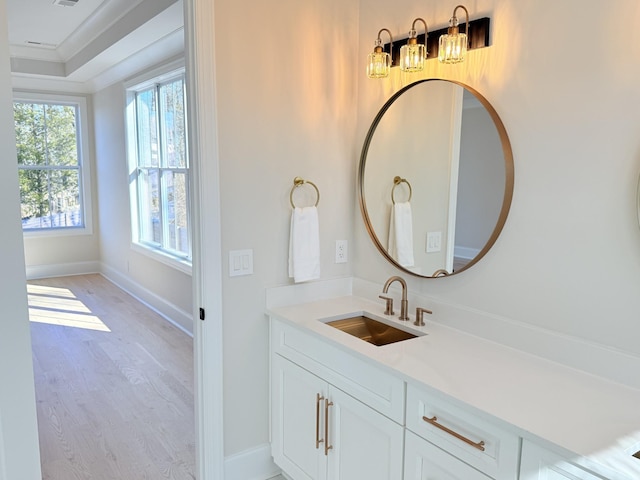 bathroom with ornamental molding, wood-type flooring, and vanity