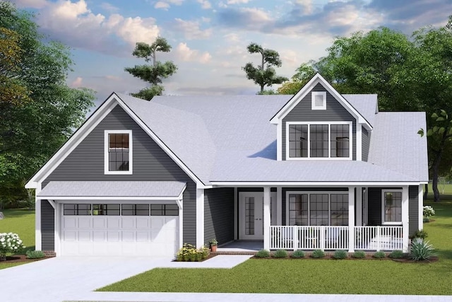 view of front of property with a garage, covered porch, and a lawn