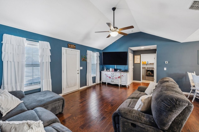 living room with vaulted ceiling, ceiling fan, and dark hardwood / wood-style flooring