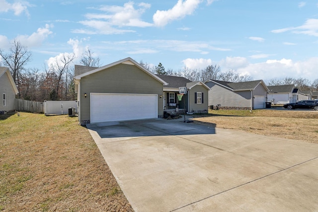 single story home featuring central AC, a garage, and a front yard