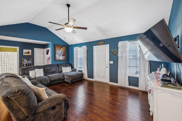 living room featuring lofted ceiling, dark wood-type flooring, and ceiling fan