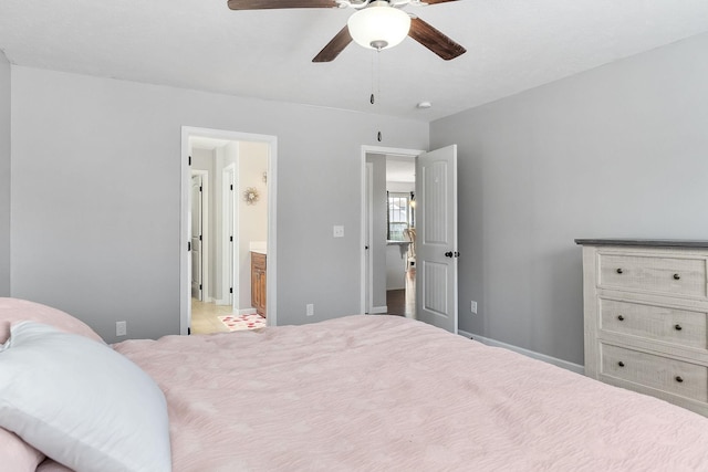 bedroom with ceiling fan and ensuite bathroom