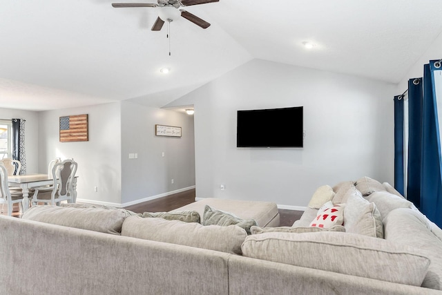 living room with vaulted ceiling and ceiling fan