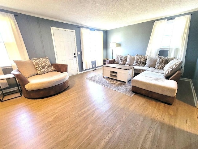 living room with hardwood / wood-style floors and a textured ceiling