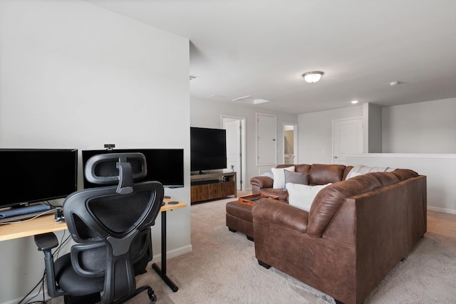 office area featuring light colored carpet