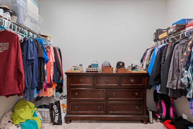 walk in closet featuring light colored carpet