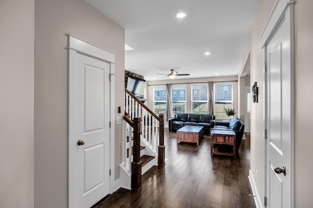 entrance foyer with ceiling fan and dark hardwood / wood-style flooring