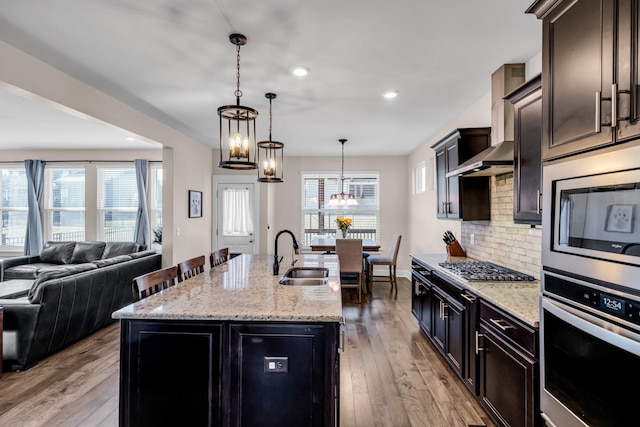 kitchen featuring pendant lighting, sink, backsplash, a kitchen island with sink, and stainless steel appliances