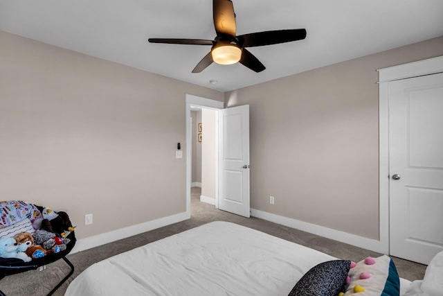 carpeted bedroom featuring ceiling fan