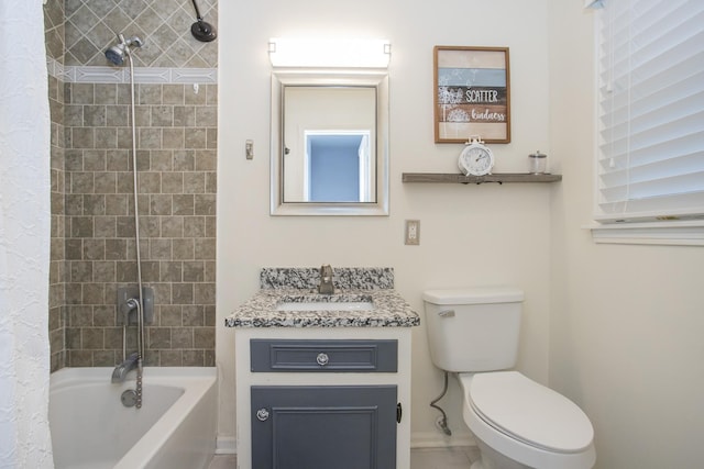 full bathroom featuring vanity, toilet, and shower / bathtub combination with curtain