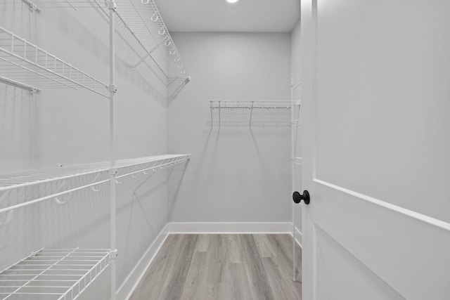 walk in closet with light wood finished floors