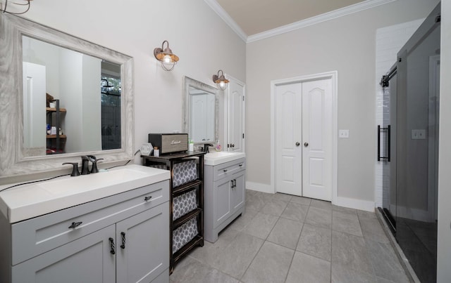 full bath with two vanities, a shower stall, crown molding, and a sink