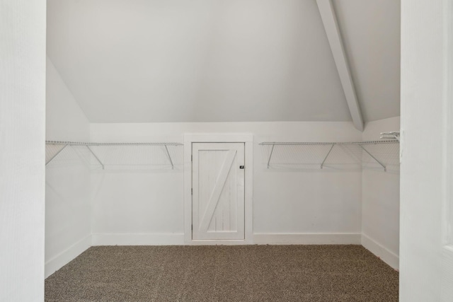 spacious closet featuring vaulted ceiling and carpet