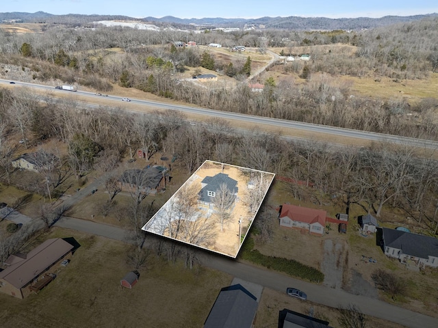 birds eye view of property featuring a mountain view