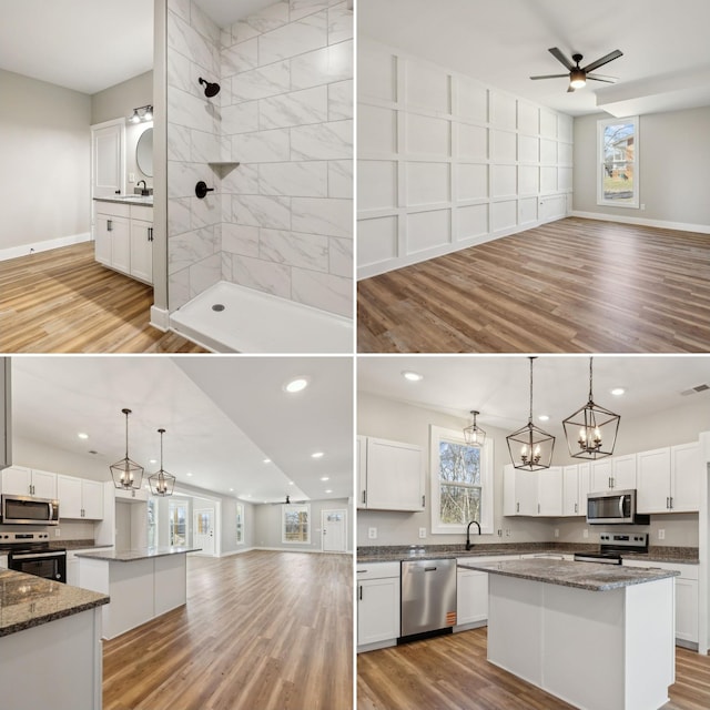 kitchen with open floor plan, appliances with stainless steel finishes, a kitchen island, and light wood-type flooring