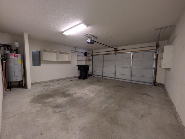 garage with a garage door opener, electric water heater, and electric panel