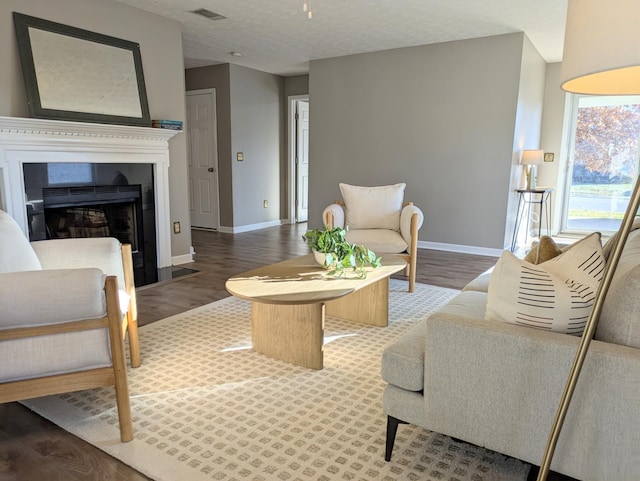 living room with wood-type flooring and a textured ceiling