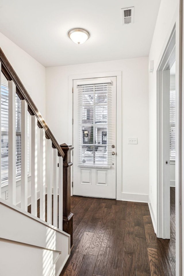 entryway with plenty of natural light and dark hardwood / wood-style flooring