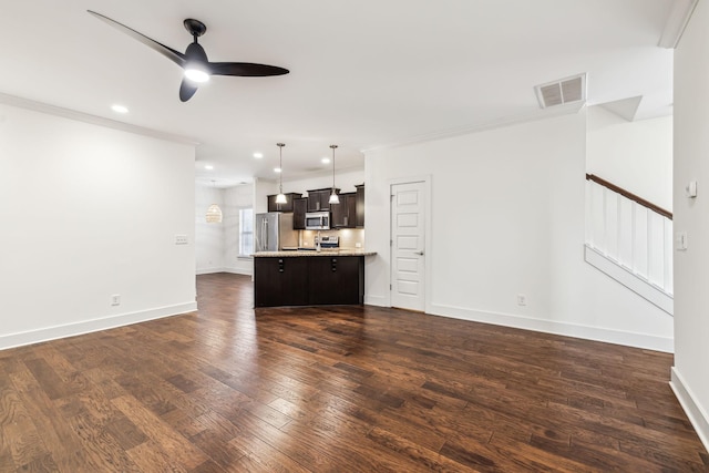 unfurnished living room with ornamental molding, ceiling fan, and dark hardwood / wood-style flooring