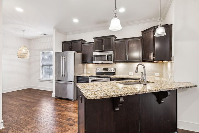 kitchen featuring sink, dark hardwood / wood-style flooring, a kitchen breakfast bar, hanging light fixtures, and stainless steel appliances