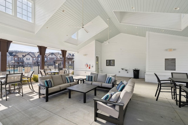 view of patio with ceiling fan and outdoor lounge area