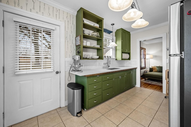 bathroom with decorative backsplash, ornamental molding, tile patterned floors, and vanity