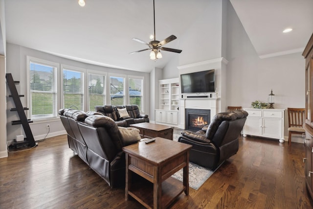 living room with dark hardwood / wood-style flooring, high vaulted ceiling, and ceiling fan