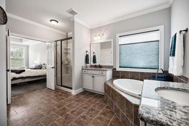 bathroom featuring independent shower and bath, crown molding, and vanity