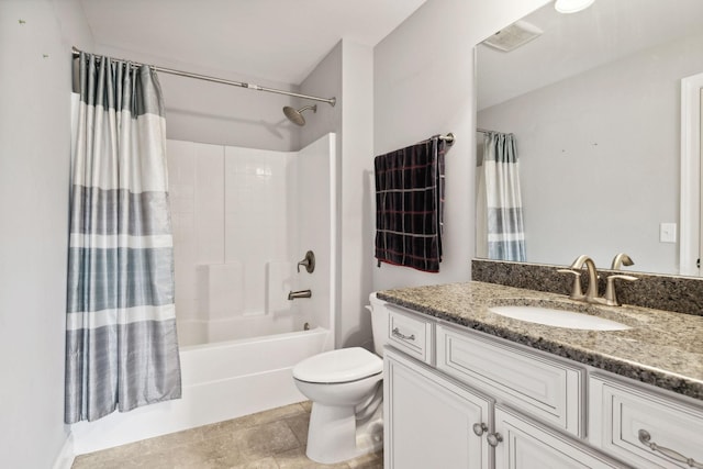 full bathroom with vanity, shower / bath combination with curtain, and toilet