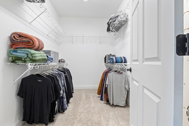 walk in closet with light colored carpet