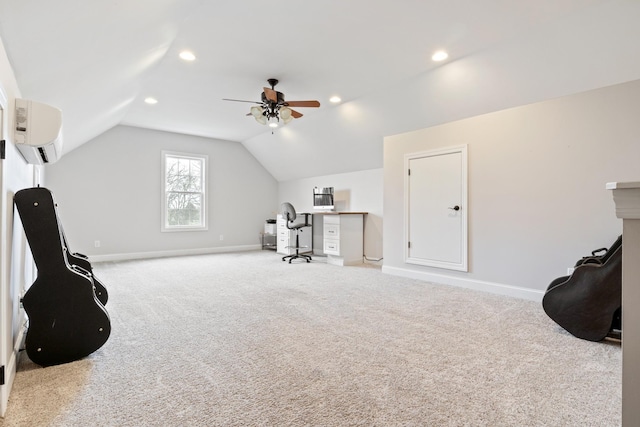 interior space featuring light carpet, lofted ceiling, an AC wall unit, and ceiling fan