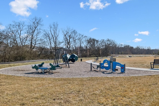 view of jungle gym with a lawn