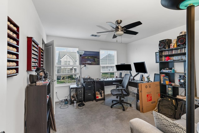 office area featuring carpet flooring and ceiling fan